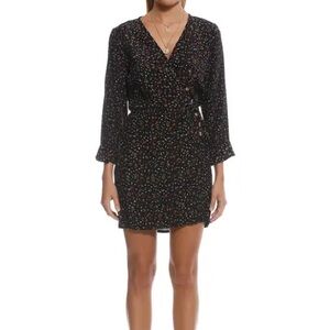 Faithfull the Brand Greta Mini Party Dress Black Floral Long Sleeve Wrap Dress